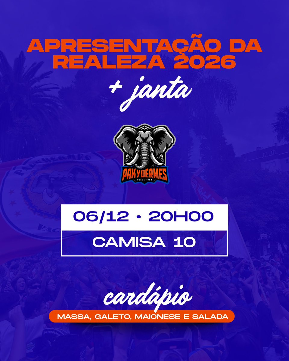 👑 VEM AÍ A NOSSA REALEZA 2026!
A Pakydermes convida você para uma noite especial pra celebrar mais um capítulo da nossa história! ✨

📅 06/12/2025 – 20h
📍 Camisa 10

🍽️ Janta inclusa (R$ 50):
• Massa
• Galeto
• Maionese
• Salada

Pulseiras à venda com os líderes da equipe!