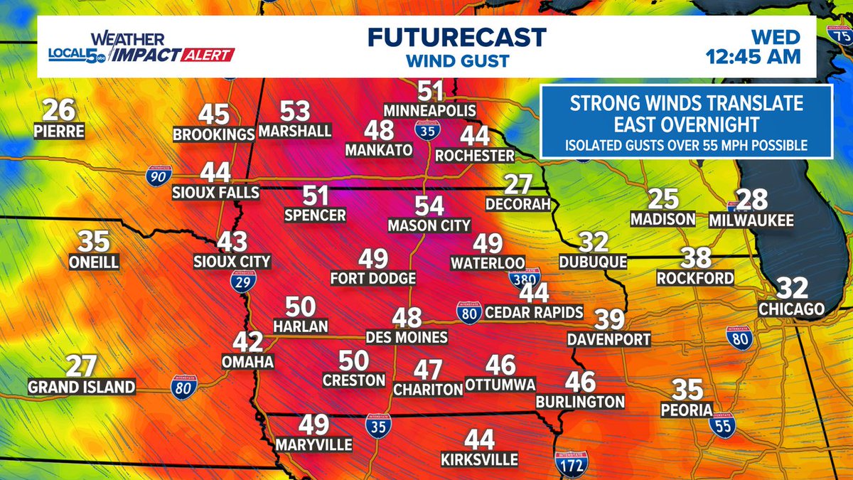 ChrisKuball's tweet image. Tuesday night NW wind gusts are going to be potent.  A few instances over 55 mph will be possible in northern Iowa into southern Minnesota.  High profile vehicles should use caution.  Add in snowflakes, low visibility and blowing snow becomes an issue. #IAWX #MNWX