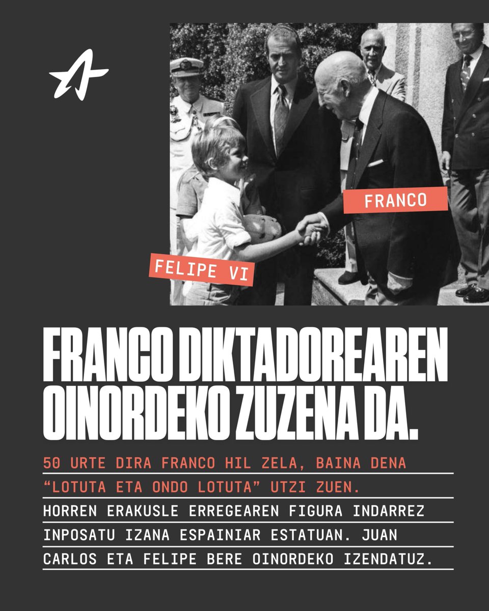 📢𝐀𝟐𝟕 | 𝐌𝐎𝐁𝐈𝐋𝐈𝐙𝐀𝐙𝐈𝐎𝐀 

Ostiralean Espainiako Erregea Gernikara dator. Gazte antifaxista eta independentistok argi dugu: erregea kanpora!

50 urte dira Franco hil zela, baina dena "lotuta eta ondo lotuta" utzi zuen, horren erakusle da erregearen figura  inposatzea.