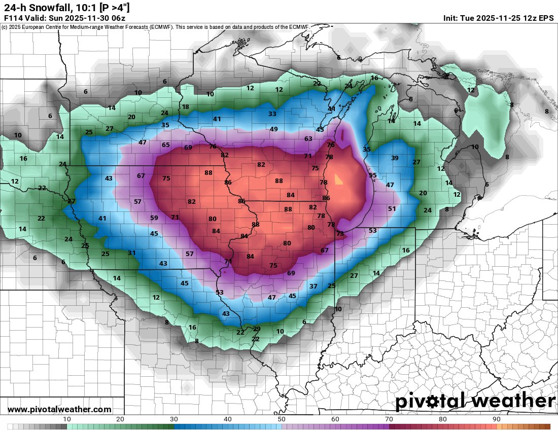 nilwxreports's tweet image. Growing confidence on the EPS for 4 or more inches of snow with this system on Saturday. My current take is widespread 3-6 inches with localized 8 inches across northern Illinois. Snow begins around dawn on Saturday and ends around dawn on Sunday. #ilwx