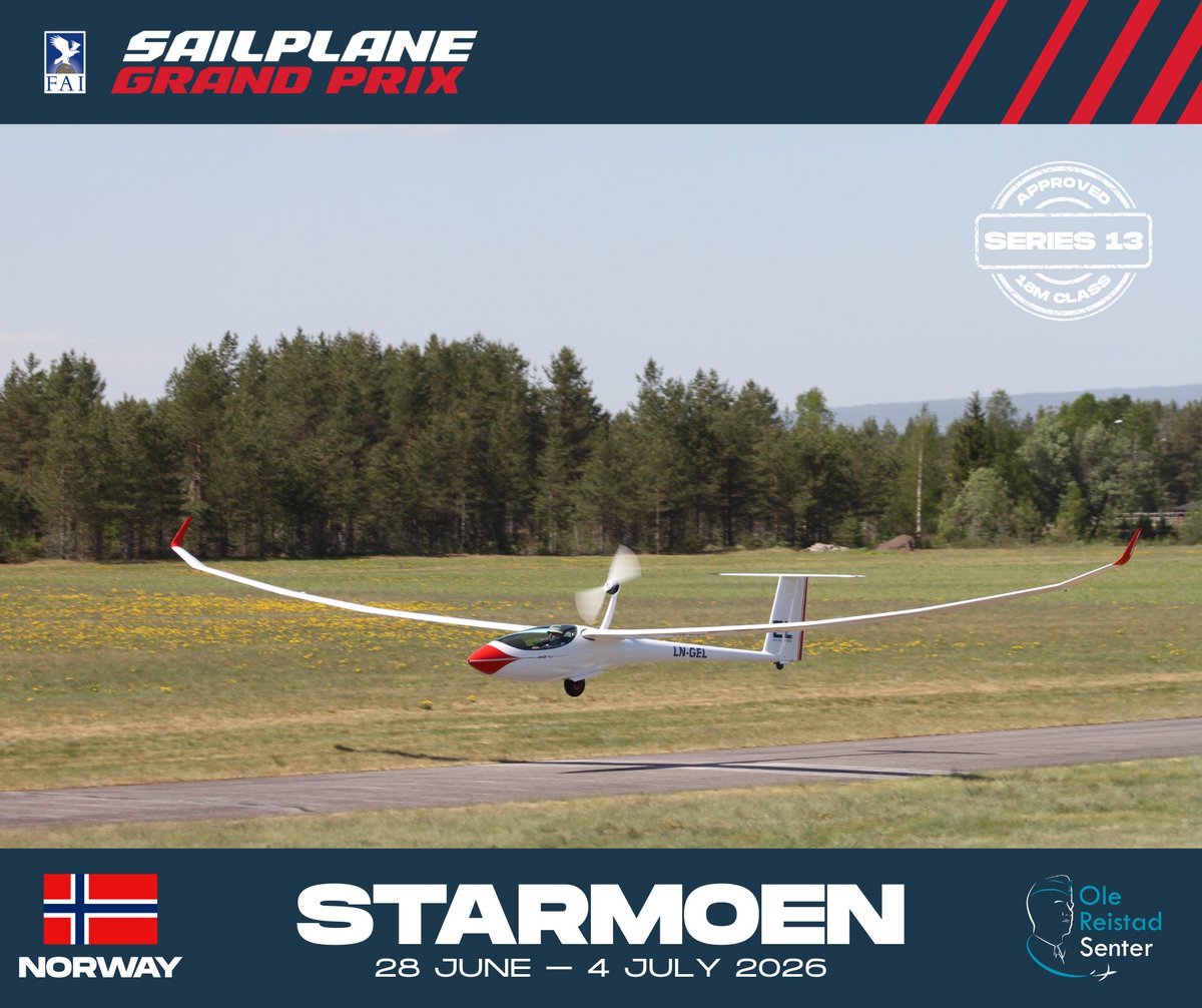 faisgp's tweet image. 🏁SERIES 13 CALENDAR REVEAL — STOP #3🏁

After the incredible racing and atmosphere of the Series 12 event, Starmoen is back with its endless hours of soaring! ☀️

Elverum Starmoen, Norway 🇳🇴 28 June – 4 July 2026

#SGP #SailplaneGrandPrix #Series13 #Starmoen #Racing