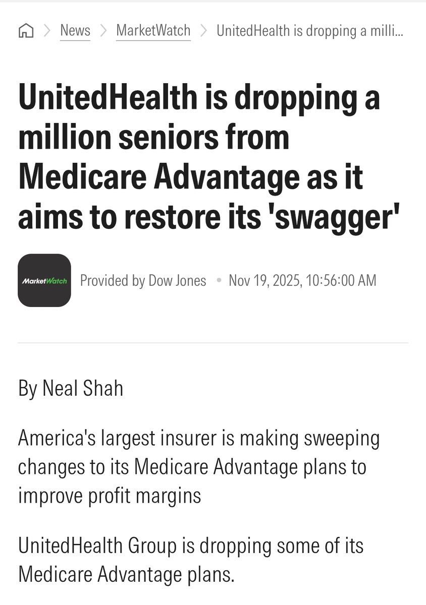 smalls2672's tweet image. UnitedHealth is dropping a million seniors from Medicare Advantage as it aims to restore its &quot;swagger.&quot;

Link in comments