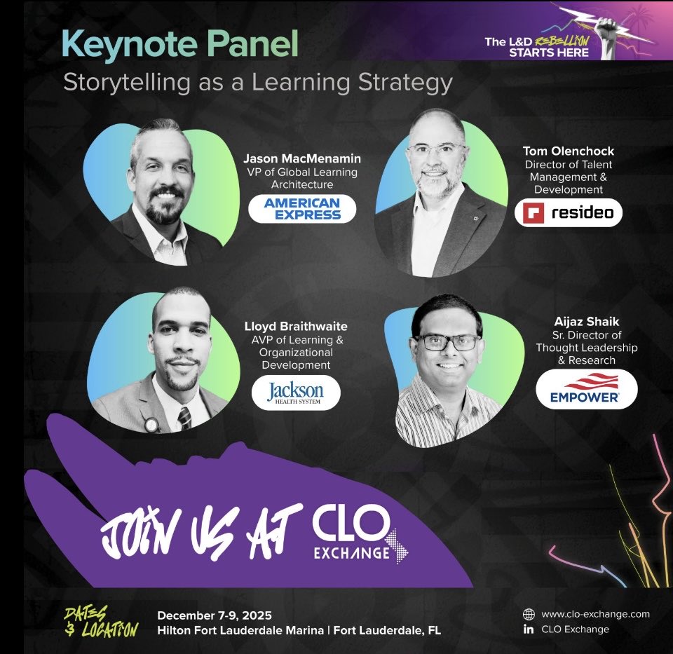 TheAijazHussain's tweet image. I’m excited to join industry leaders at the CLO Exchange in Fort Lauderdale this December, where we’ll explore how storytelling can bring learning to life, strengthen culture, and build deeper human connection across teams. #LearningAndDevelopment
#LeadershipStorytelling…