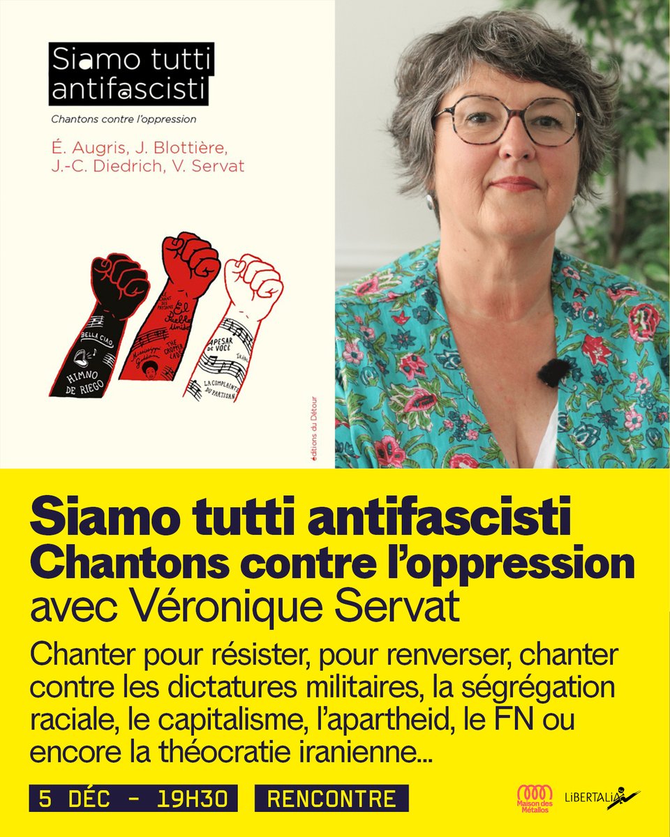 [Rencontre aux Métallos, Paris]

Vendredi 5 décembre, à 19h30, venez évoquer l'histoire des chansons de lutte et de résistance avec l'historienne Véronique Servat. 

Et venez reprendre en chœur des hymnes internationalistes.

Un livre publié par Le Détour.

Au 94 rue JP Timbaud.