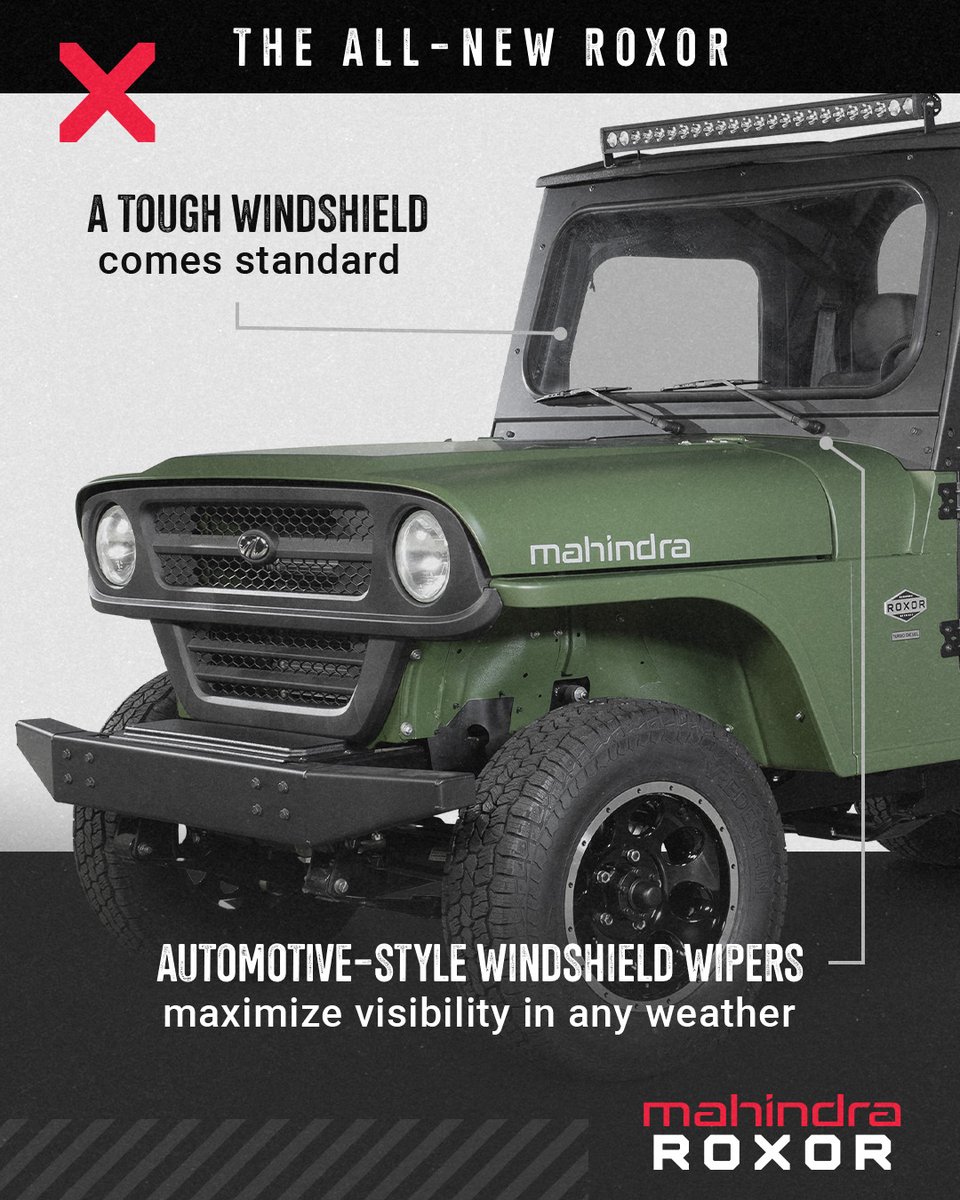 Rain, snow, sleet, mud – the all-new ROXOR doesn’t care. With a tough windshield that comes standard and automotive-style wipers, you’ll have visibility through even the roughest conditions.
#BuiltLikeNothinElse #MahindraROXOR #ROXOROffroad