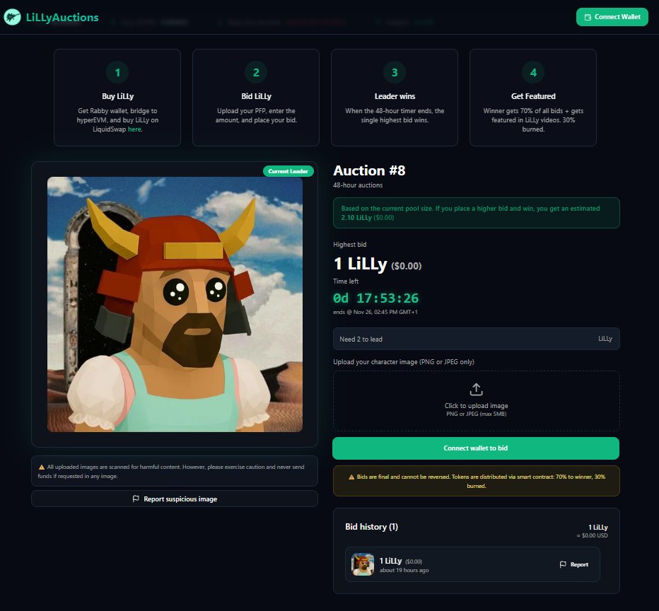 17 hours left until LiLLyAuction #8 ends.

What rewards would you like to see in the reward pool besides LiLLy tokens, NFTs, and videos of your character?

Don't be silly, just bid LiLLy.

Hyperliquid.