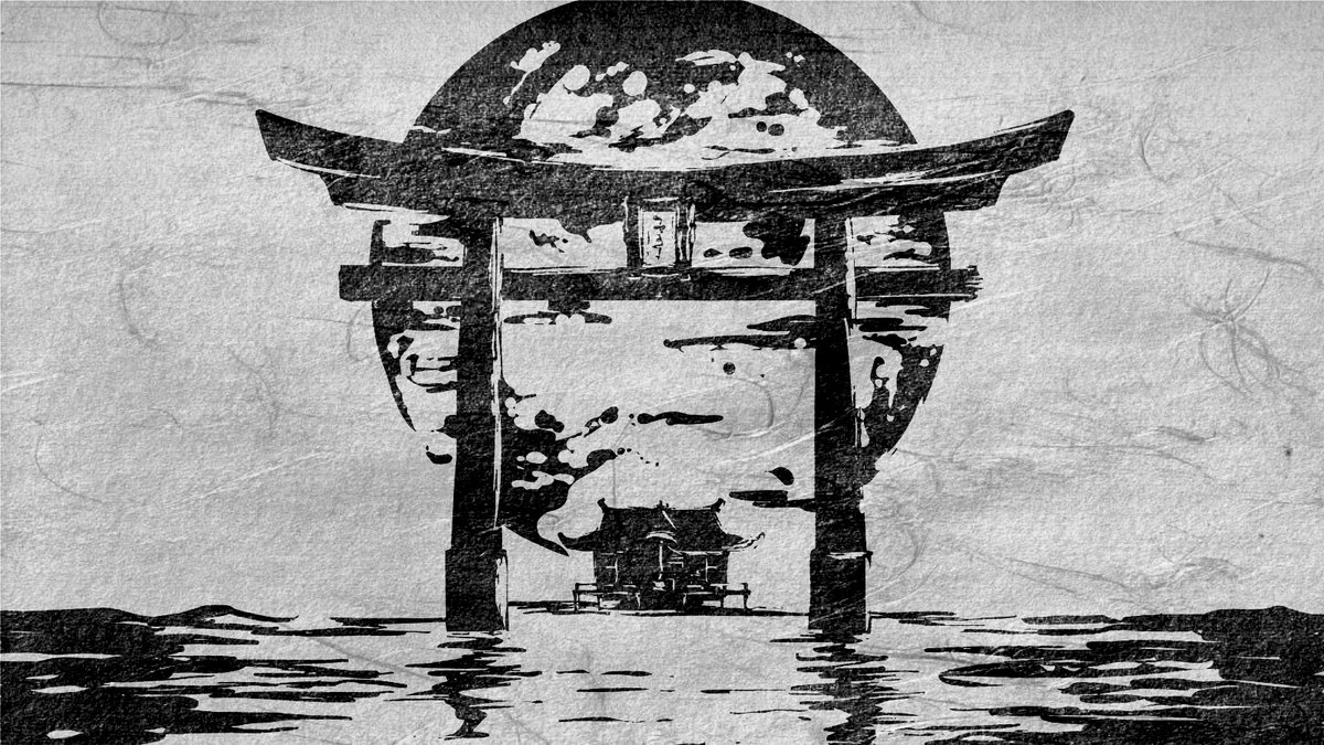 湖上の鳥居と満月を墨絵で描きました。 幻想的で神秘的な一枚です。 I