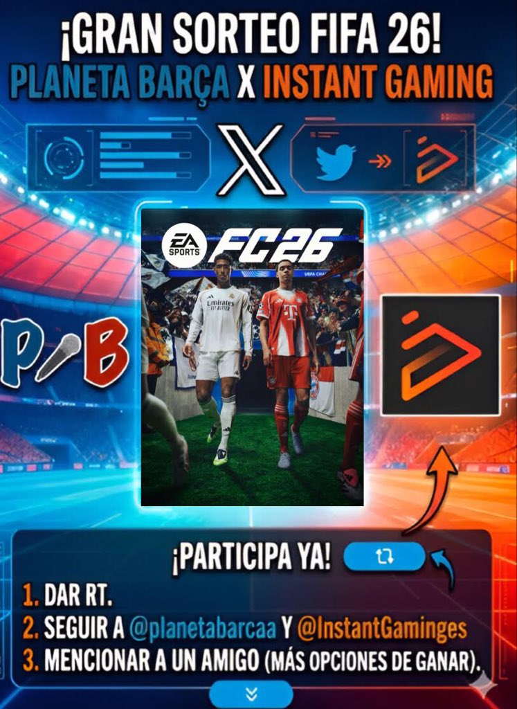 💣SORTEO FIFA 26‼

🍀Requisitos:

✅ Seguir a <a href="/InstantGamingES/">Instant Gaming</a> y <a href="/planetabarcaa/">Planeta Barça</a> 
🔁 Dar RT a este tweet

➕Mencionar a 1 amigo (más opciones de ganar)