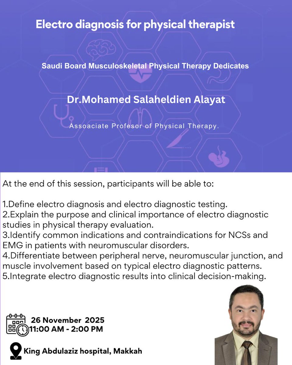 Our residents will explore the science and clinical power of electro-diagnosis — from NCS &amp; EMG interpretation to integrating findings into real-world decision-making.
Looking forward to a high-impact learning day with Dr. Mohamed Salahaldien Alayat. <a href="/msdmha/">Mohamed Salaheldien</a>
#SaudiBoard #MSK