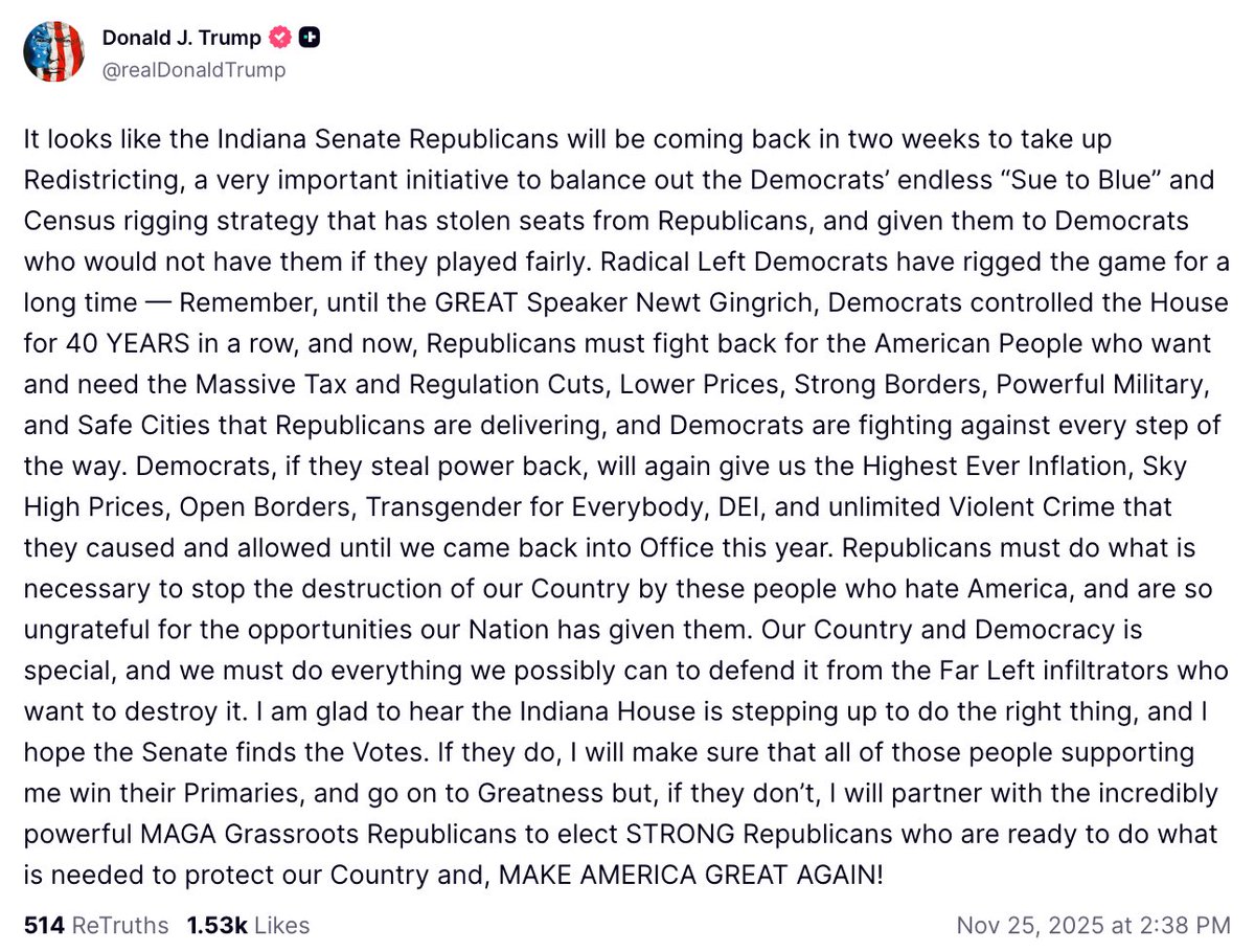 Trump threatens Indiana Republicans if they don’t go along with his gerrymandering scheme