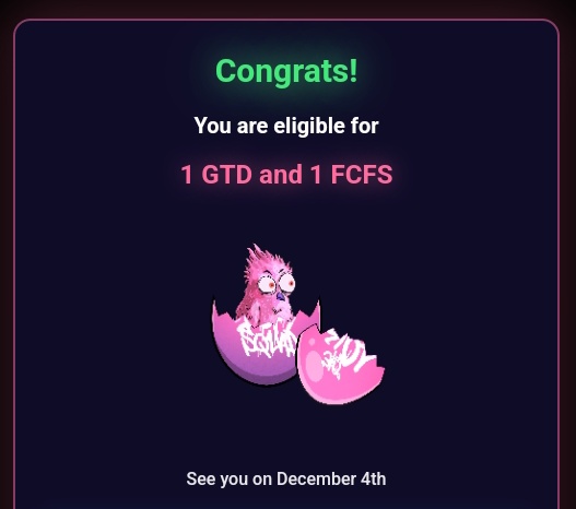 G10k🩷

LEGENDS AREN'T BORN, THEY HATCH

I am eligible for 1 GTD and 1 FCFS

@the10ksquad is minting on December 4th

More info on discord

Go check your eligibility at checker.the10ksquadhub.com

Are you ready for 10k mint?