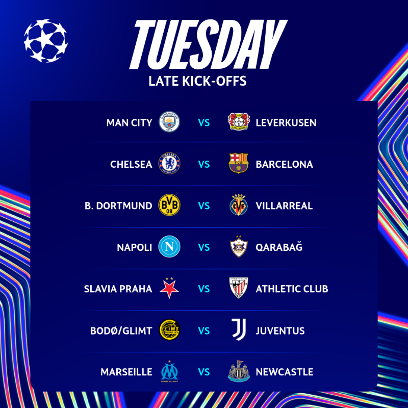 ChampionsLeague's tweet photo. Chelsea vs Barcelona &amp; Marseille vs Newcastle among late games...

#UCL
