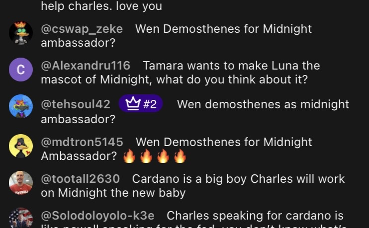 <a href="/IOHK_Charles/">Charles Hoskinson</a>  the people want to know...Wen Demosthenes for <a href="/MidnightNtwrk/">Midnight</a> ambassador?