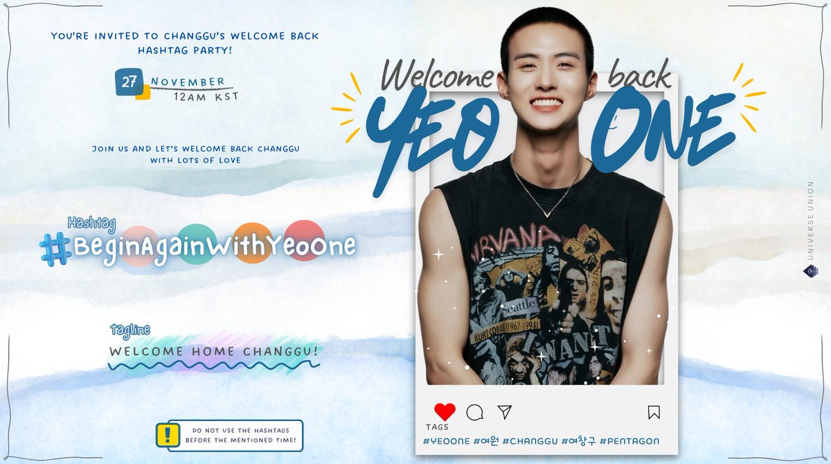 pentagon_promo's tweet photo. 📣 #YEOONE Hashtag Event  

UNIVERSE, Yeo One is coming back TODAY 🥰

You can now tweet using #BeginAgainWithYeoOne and add the WELCOME HOME CHANGGU tagline! Let's all reach out to him to welcome him back and show him we're still here 💙

#여원 #PENTAGON #펜타곤 https://t.co/sbqDZ6xjms