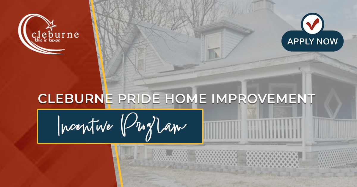 Looking to spruce up your home? The Cleburne Pride Home Improvement Incentive Program is accepting applications! 🏠 Eligible homeowners with properties 30 years or older can receive matching funds to help cover approved exterior improvements. Learn more: bit.ly/CleburnePrideG….