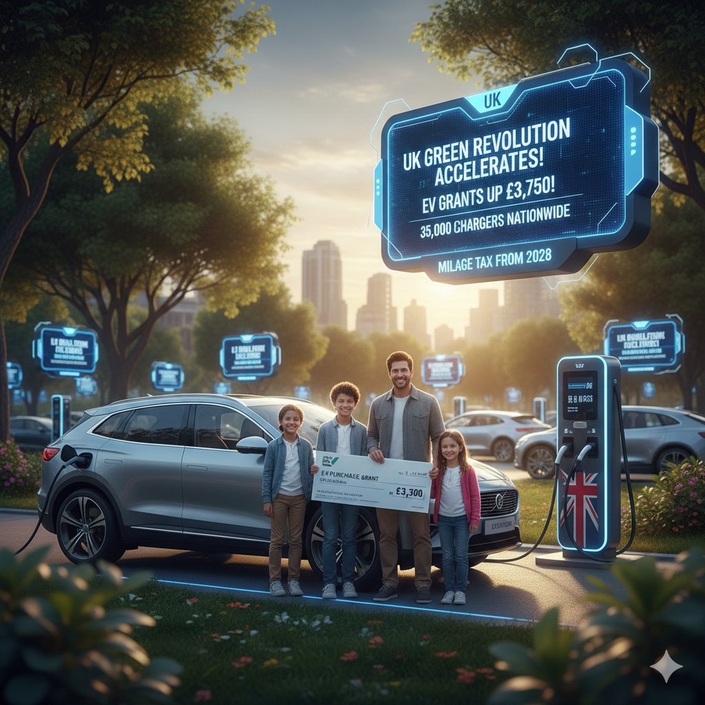 TechFutPulse's tweet image. UK Budget pumps extra £1.3B into EV incentives! 
Purchase grants rise to £3,750, targeting 35k vehicle swaps. 
More chargers coming, but mileage tax hits EVs in 2028. 
Green revolution accelerating!