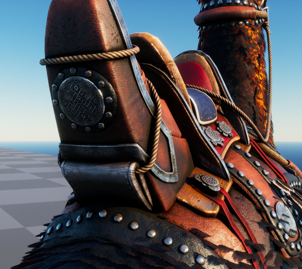 Our Paleo ARK Therizinosaurus TLC mod is launching THIS WEEK (ETA 27-28 at the latest) here's a look at the completed saddle the team made
Like Rebecca said, we took inspiration from Bökh  outfits and Mongolian horse saddles, as Therizino fossils were from Mongolia!