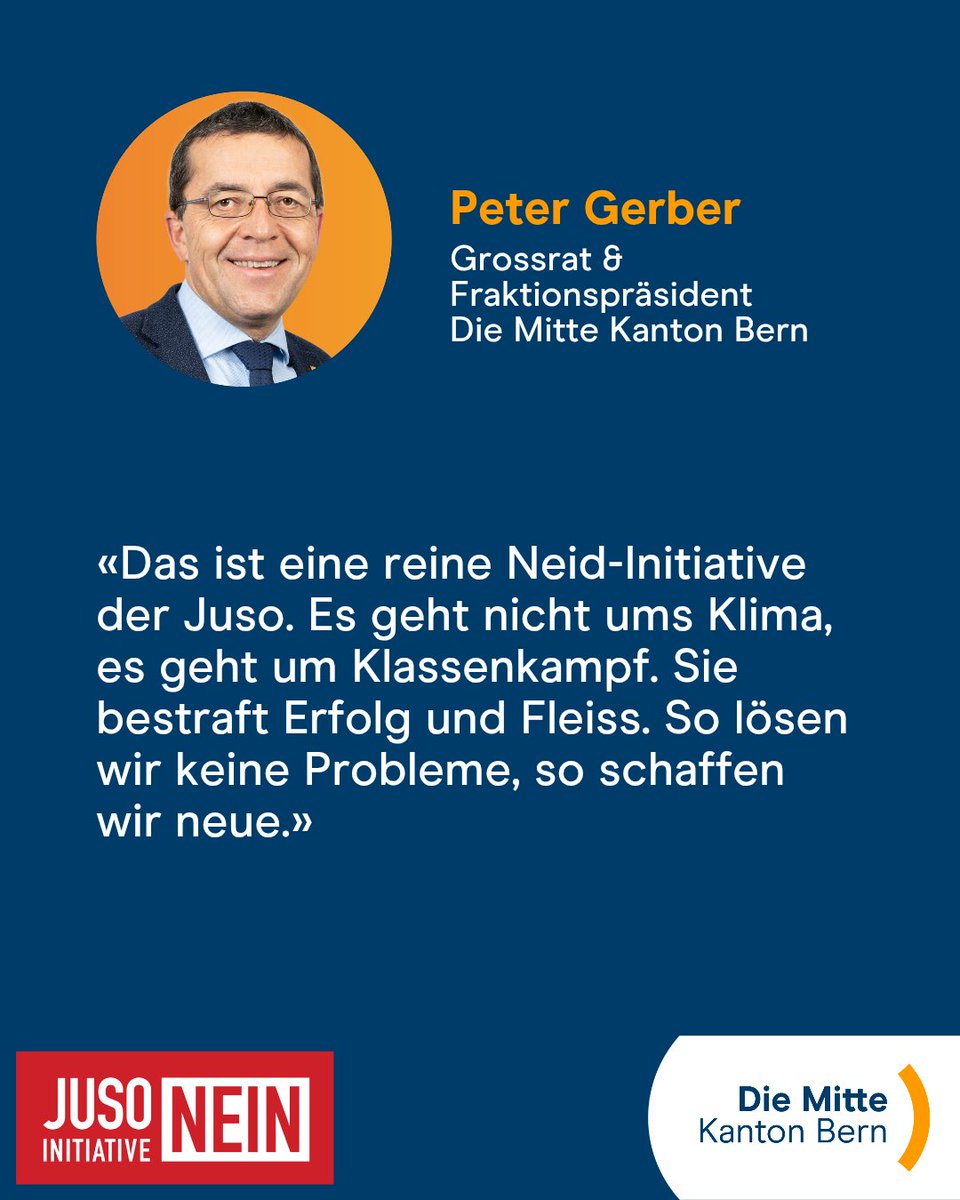 Unser Fraktionspräsident Peter Gerber lehnt die "Initiative für eine Zukunft" der Juso entschieden ab.

Sag auch du noch Nein bis zum 30. November!

#DieMitteBE #Abst25 #JUSOnein #Erbschaftssteuer #KMUkiller