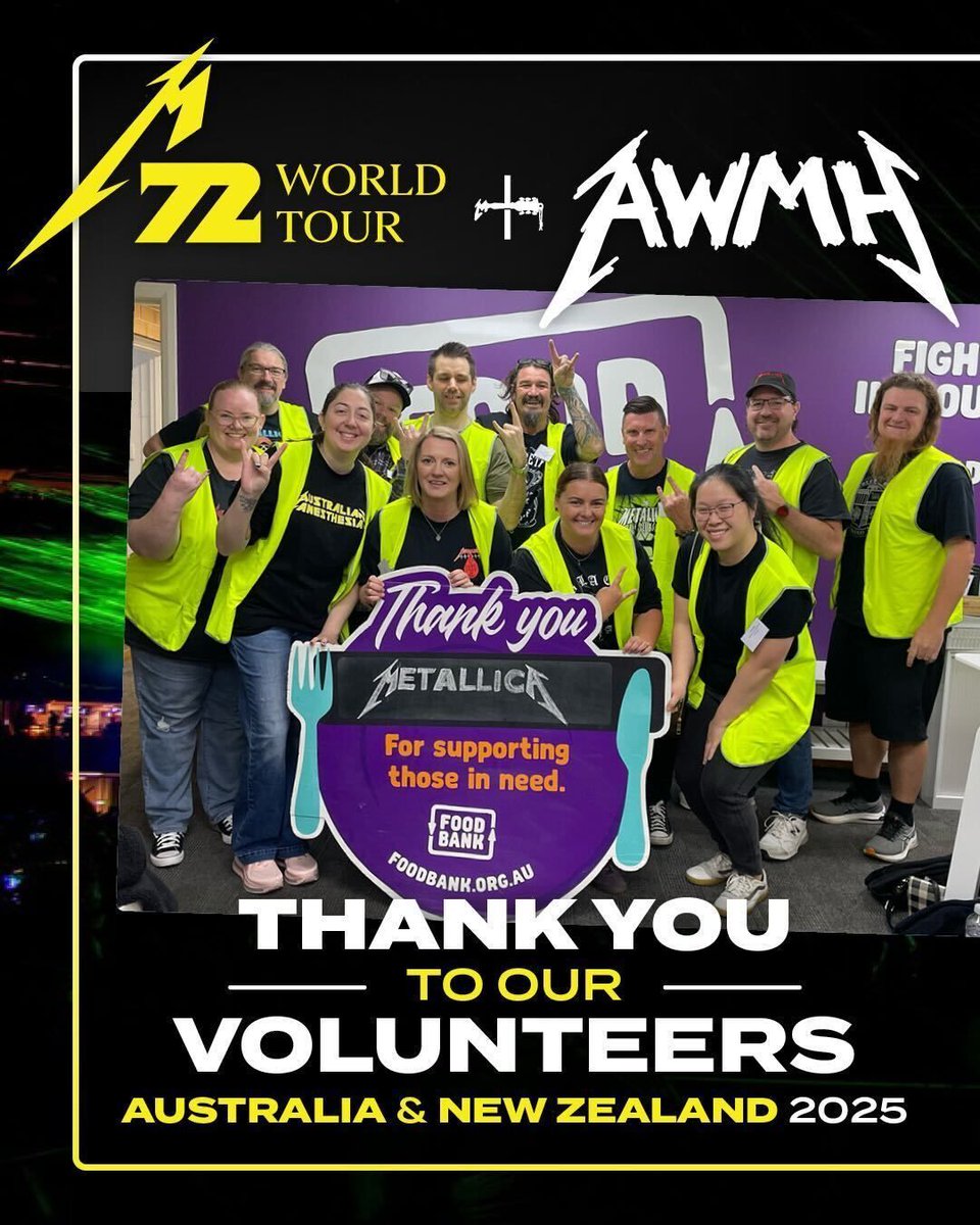 Metallica's tweet photo. 🇦🇺 Across the five volunteer activations at the @FoodbankAus network locations, members of the #MetallicaFamily packed nearly 1400 hampers. 🥗 That equates to more than 62,000 meals! 

🇳🇿 At Meet The Need in Auckland, #Metallica fans & @AWMHFoundation supporters packed over 1000 food parcels. 🥩🥛 That equates to 12.8 tonnes of essential kai!

Thank you so much to our volunteers who provided a crucial amount of desperately needed support in an incredibly short amount of time! You are the living embodiment of #MetallicaGivesBack, showing that the #M72 World Tour is about more than just the music. 💙 🤘

#MetallicaFamilyGivesBack #TourGrantTuesday