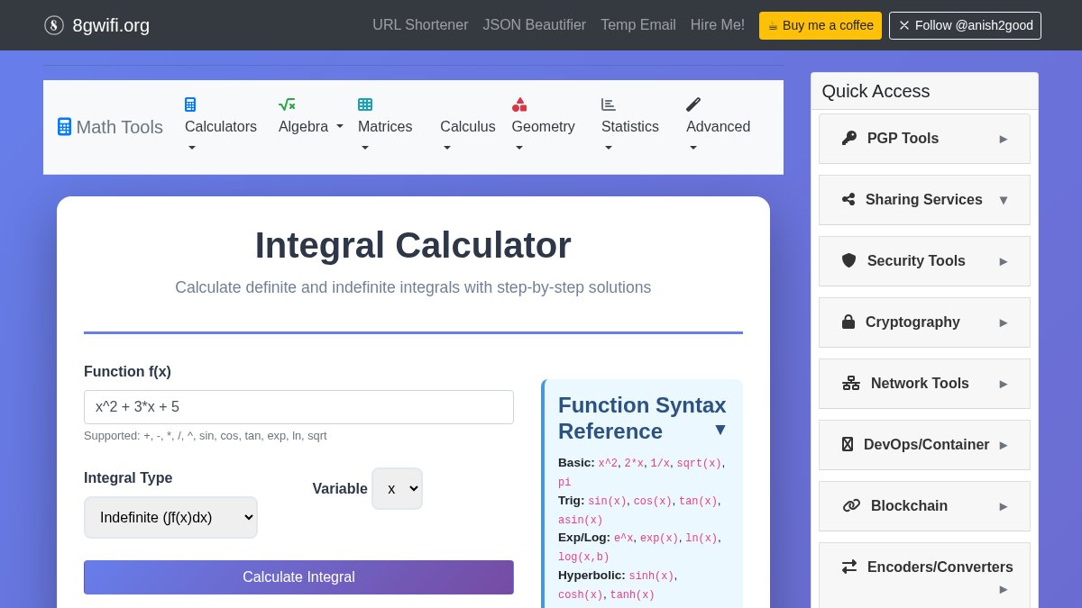 anish2good's tweet image. Unlock the power of calculus with our free online Integral Calculator! Get step-by-step solutions and graphs for definite and indefinite integrals. Perfect for #Math enthusiasts and #STEM learners. Try it here: 8gwifi.org/integral-calcu… 📊 #Education