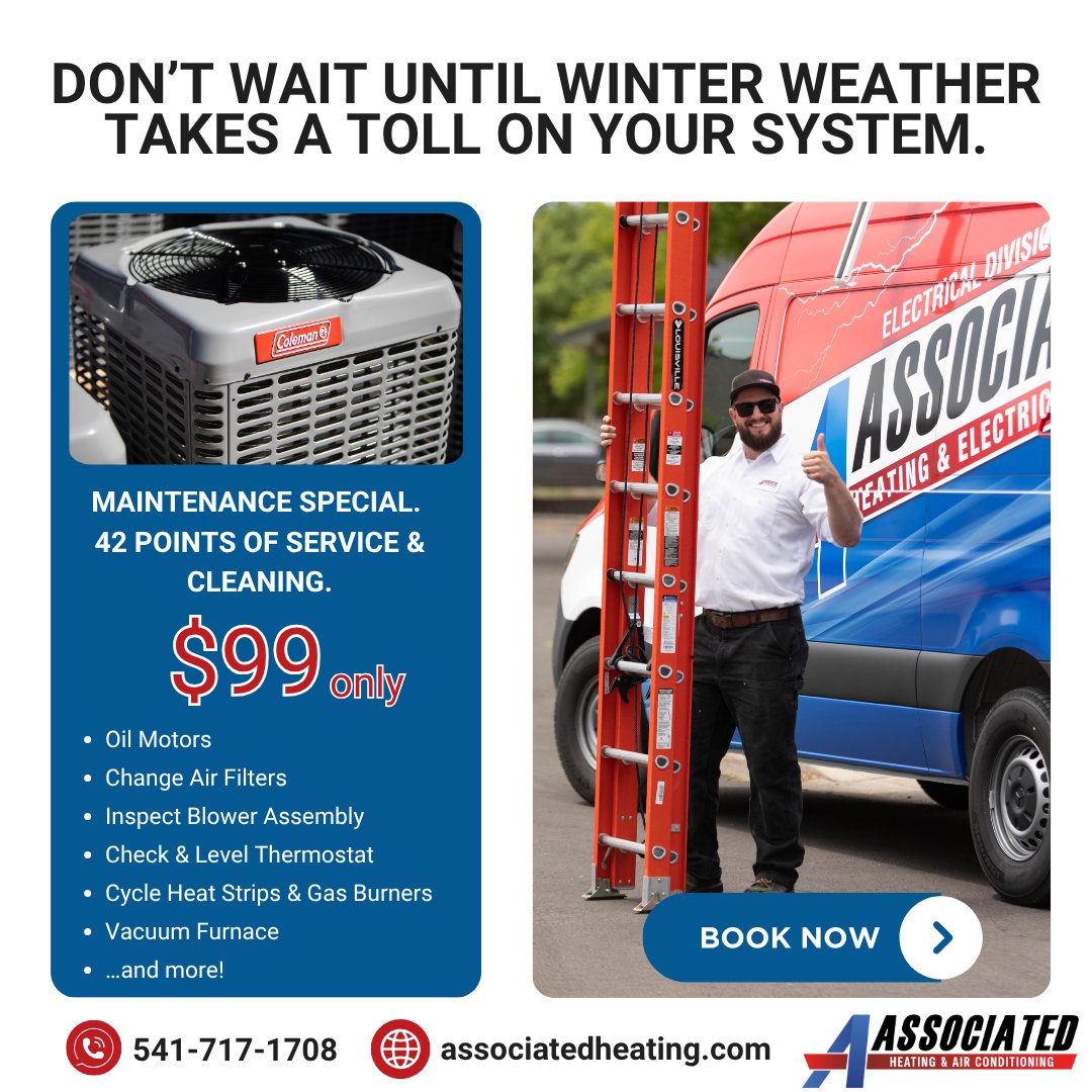 AssocHeat's tweet image. Keep your home running efficiently this holiday season with our $99 Heating Maintenance Special! Our 42-point service covers every detail — motors, filters, thermostats &amp;amp; more.

Book now: bit.ly/4nY4OnQ

Clear Solutions. No Surprises.
#EugeneOR #SpringfieldOR