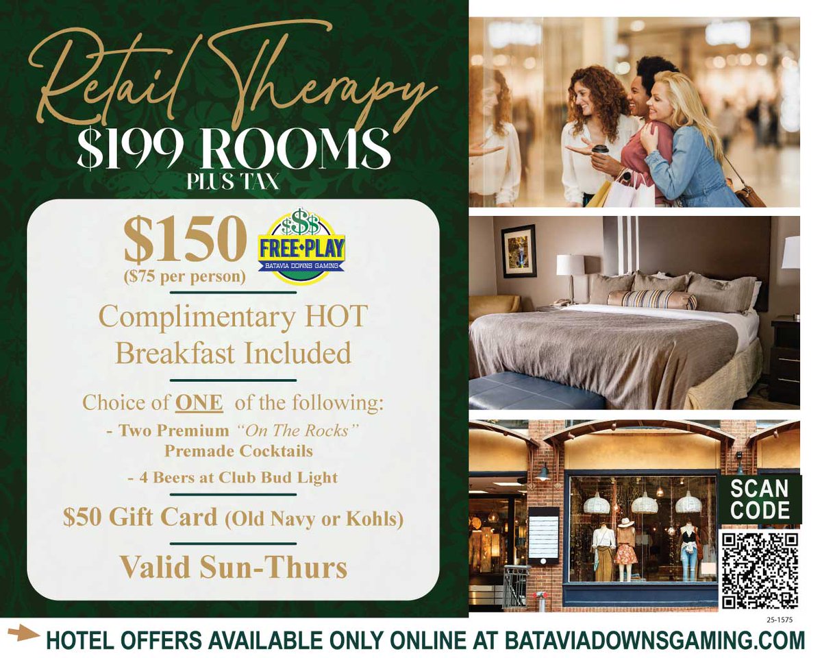 Retail Therapy Hotel Package! 🛍️ When you book this hotel package, you’ll receive a $50 gift card to Old Navy or Kohl’s, alongside tons of other perks!

Book here: bit.ly/47LTS6i or call us at 585-815-7000 today!

*Must be 21+ to book.