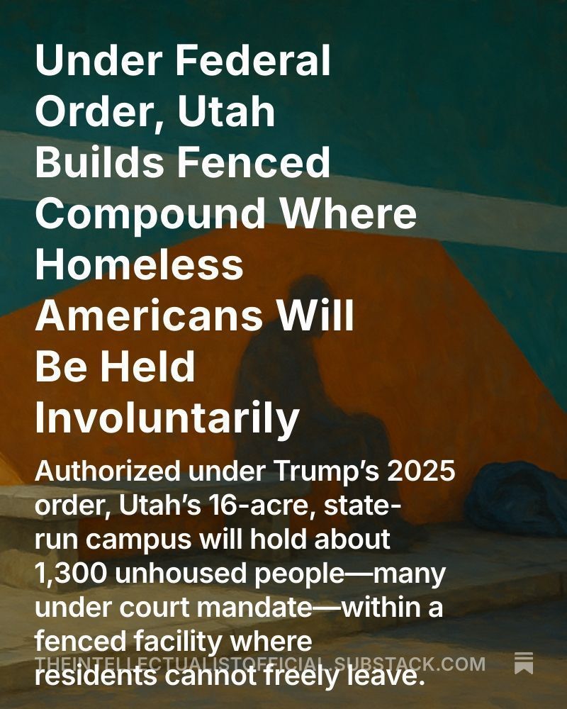 highbrow_nobrow's tweet image. 🚨Utah, following Trump’s 2025 order, is building a fenced state compound to detain 1,300 homeless Americans, many by court mandate, behind gates they cannot leave. …eintellectualistofficial.substack.com/p/under-federa…