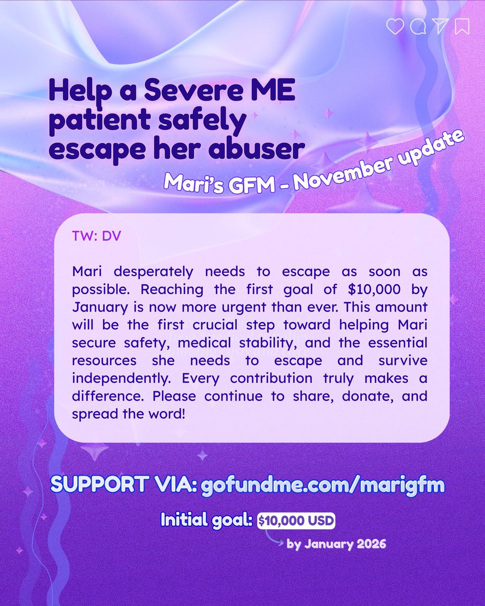 franhaddock_'s tweet image. Would appreciate shares and support for my friend Mari who is enduring severe ME alongside DV and continues to deteriorate. We’ve launched a GFM so she can safely escape but we need help sharing it 💜

Gofundme.com/marigfm

#MEAwareness #SevereME #MECFS