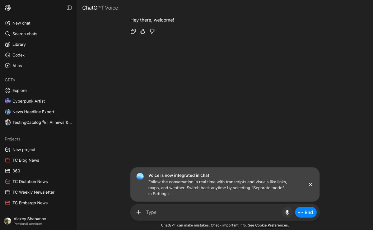 testingcatalog's tweet image. ChatGPT Voice Mode is now integrated directly into the chat! In this way, users can see all messages and other inline widgets during a voice mode conversation.

Rolling out to all users 👀