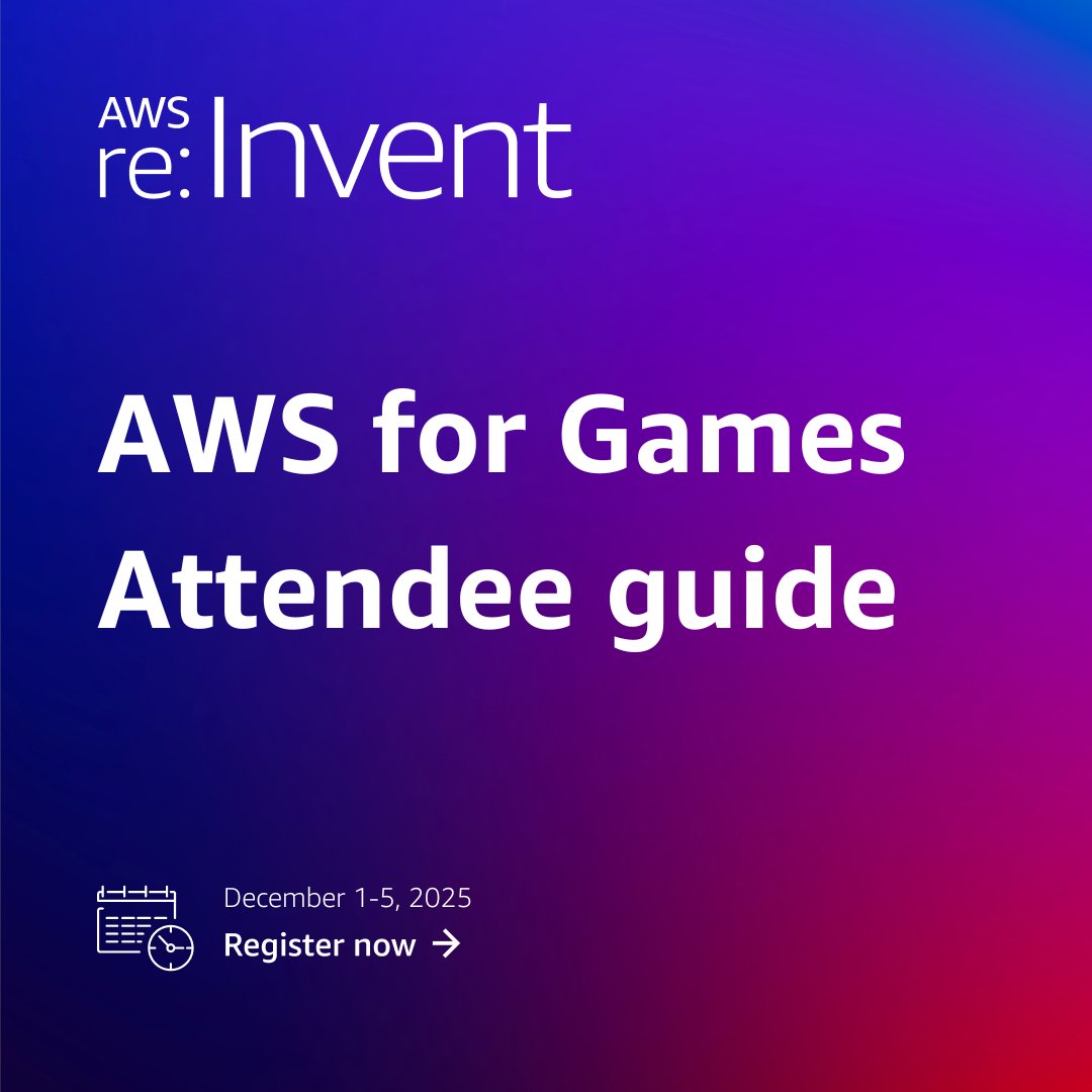 AWSGameTech's tweet image. Plan your #AWSreInvent 2025 experience with the AWS for Games attendee guide.

Explore workshops, events, &amp;amp; sessions including Amazon Games, EA, Bandai Namco, Rovio, &amp;amp; more. Check out the Agentic Arcade &amp;amp; the DevOps in Gaming meetup.

📍 Las Vegas | Dec 1-5 
👉 Get the guide:…
