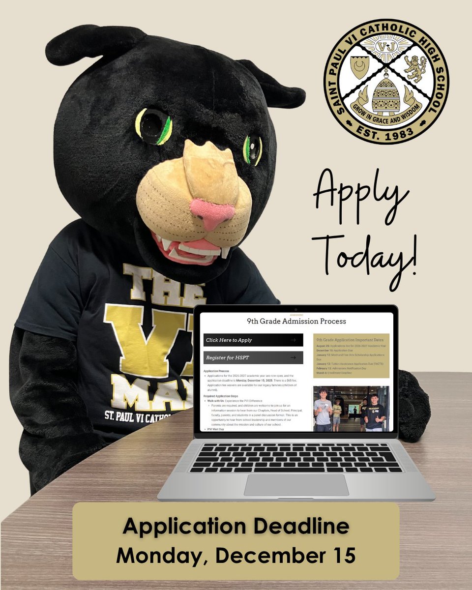 We are very excited about the number of applications received for the PVI Class of 2030! If you want to join the PVI family, remember that the application deadline for freshmen for the 2026-2027 school year is Monday, December 15. Apply at paulvi.net/admissions/app… 
#BeAPVIPanther