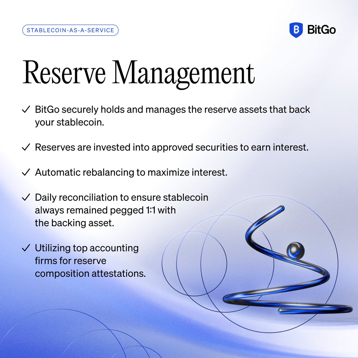 BitGo's tweet image. Strong reserves build strong stablecoins.

BitGo’s Stablecoin-as-a-Service secures, manages, and audits the assets backing your stablecoin, ensuring a 1:1 peg with daily reconciliation, interest-bearing investments, and top-tier attestations.

Launching should be the easy part.…