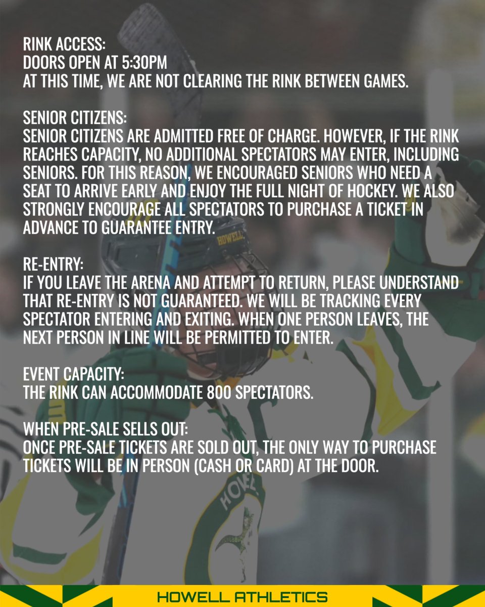 Hockey update for Wednesday...Due to facility capacity limits, our allotted pre-sale tickets are sold out. Any remaining entry will only be available at the door on a first-come, first-served basis. Please review the following information. #OneHowell