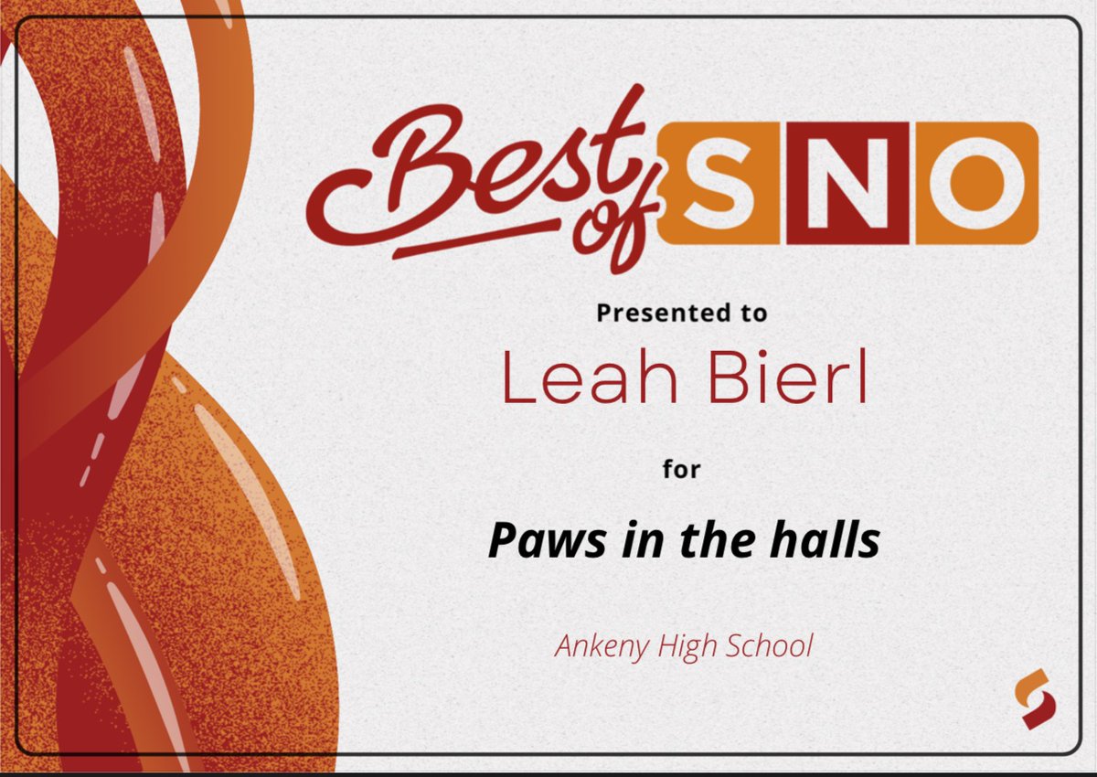 Big news! 🐾 Talon reporter Leah Bierl earned a Best of SNO award for her story, “Paws in the Halls.”
Only a fraction of submissions are selected each year—huge accomplishment. You can read it at AHSTalonNews.com.
Congrats, Leah!