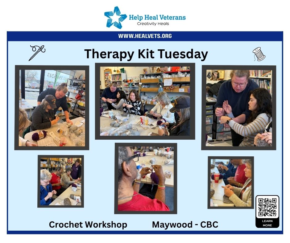 Therapy Kit Tuesday! 💙 Our Maywood CBC teamed up with Hines VA for a Learn to Crochet workshop. Veterans and caregivers joined, stitching and connecting. 🧶 Veterans in Chicago, stop by and grab your kits!