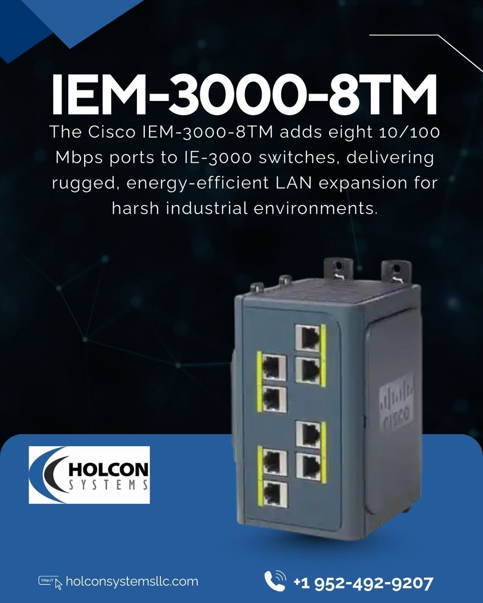 exciscokit's tweet image. The Cisco IEM-3000-8TM is your solution for robust industrial networking. 

This module adds eight $10/100 \text{ Mbps}$ ports to your IE-3000 switches, providing essential LAN expansion.

#holconsystems #networkingsolutions #ithardware #networkefficiency  #businessconnectivity