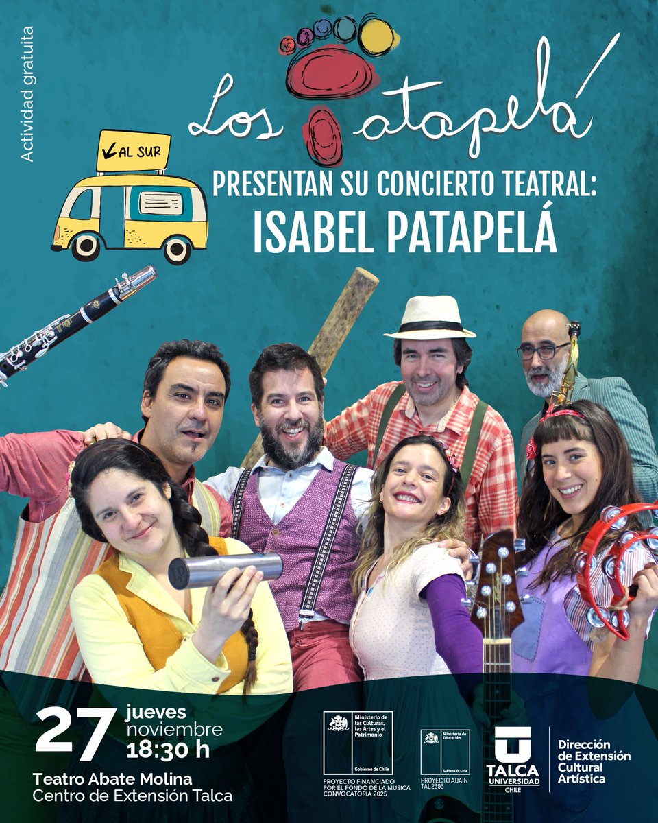 utalcaextension's tweet photo. 🎭 CONCIERTO TEATRAL “ISABEL PATAPELÁ”
📅 Jueves 27 de noviembre
🕒 18:30 h
📍 Teatro Abate Molina – Centro de Extensión Talca
🎟 Gratuito, Sin ticket por orden de llegada

#cultura #arte #extension #comunidad #universidad #talca #audiencias #publicos #panoramas #utalca https://t.co/XLbvraZO84