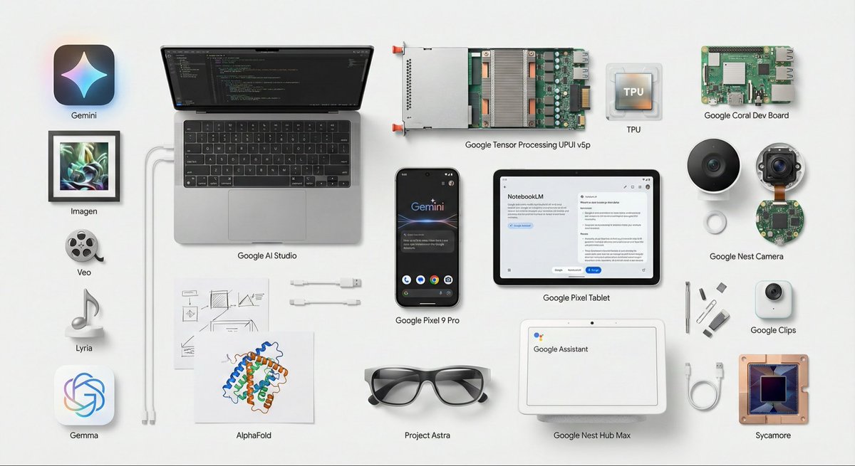 CodeByPoonam's tweet image. Prompt: A knolling for Google’s AI tools