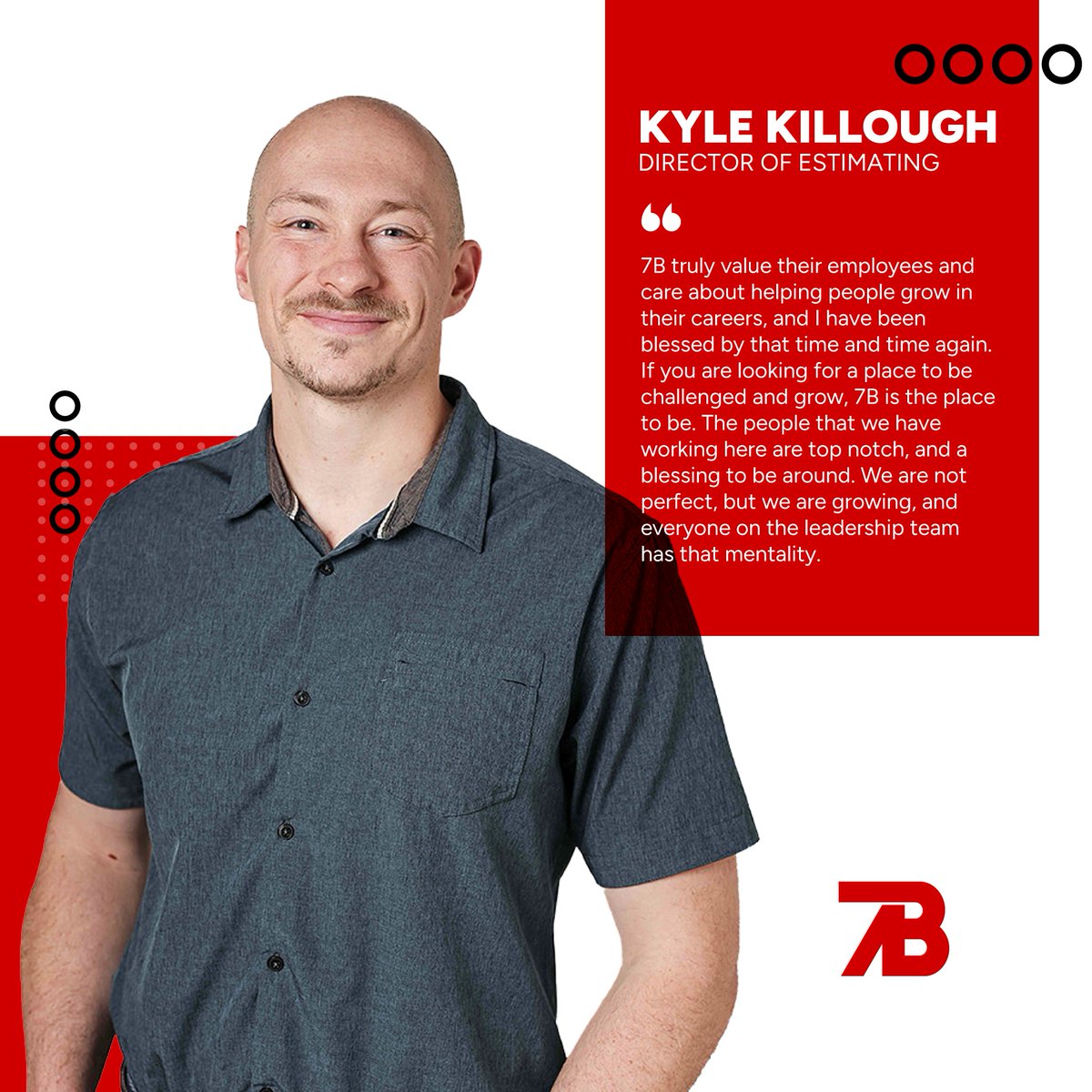 Join us in congratulating our latest employee spotlight, Kyle Killough! 💪 As Director of Estimating, Kyle is recognized for his grind, effort and dedication he brings to the workplace every day. His technical skills and expertise guide our projects from day one.