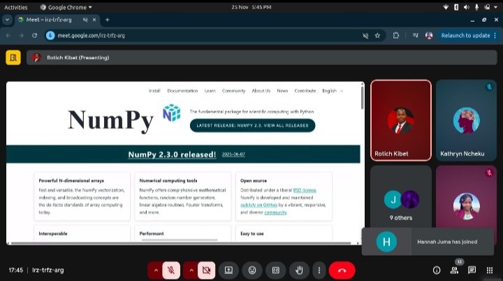 gdgcampusJKUAT's tweet image. Great data science session today! 🎉
We explored Fast Numerical Computing with NumPy, covering vectorization, broadcasting &amp;amp; efficient array operations.
Thanks to everyone who joined and engaged!
#GDGJKUAT #NumPy #Python #TechCommunity