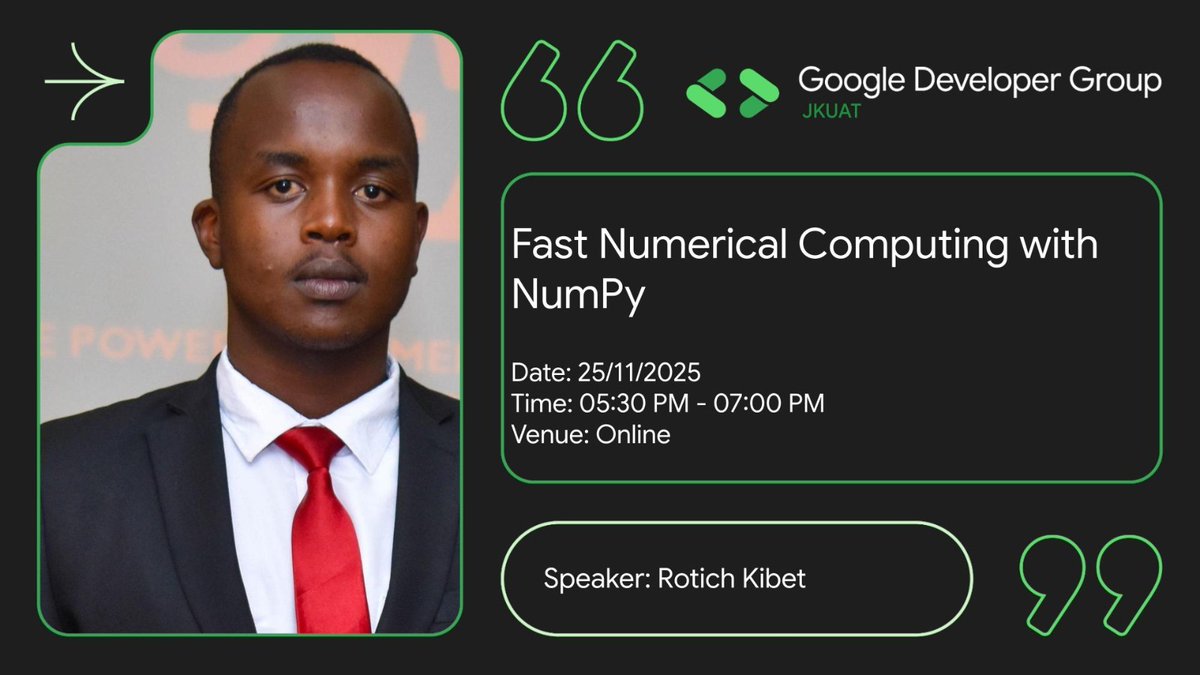 gdgcampusJKUAT's tweet image. Great data science session today! 🎉
We explored Fast Numerical Computing with NumPy, covering vectorization, broadcasting &amp;amp; efficient array operations.
Thanks to everyone who joined and engaged!
#GDGJKUAT #NumPy #Python #TechCommunity