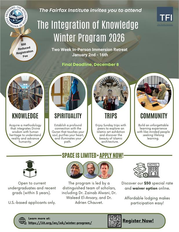 IIITfriends's tweet image. Less than TWO weeks left to register! The IOK Winter Program 2026 is almost here — a transformative two-week journey for Muslim thinkers, builders, and knowledge seekers currently in undergrad or holding an undergraduate degree. Apply Now: iiit.org/en/iok/winter-…