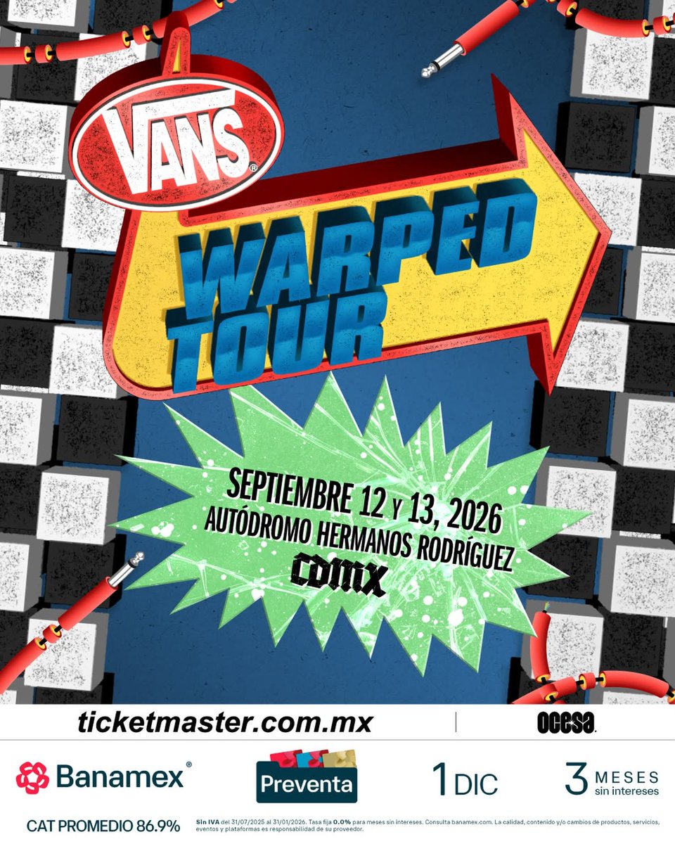 El Vans Warped Tour México ya tiene sede: el Autódromo Hermanos Rodríguez. Se viene un fiestón el 12 y 13 de septiembre.

Preventa Banamex: 1 de diciembre por Ticketmaster.