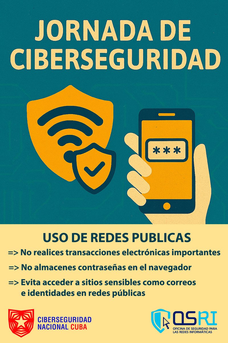 Conéctate  con precaución. Las redes WiFi públicas pueden ser útiles para navegar, pero también representan riesgos para tu información personal. Adoptar hábitos seguros al conectarte es esencial para proteger tu privacidad y la de tu familia. #CiberseguridadParaTodos #OSRICuba
