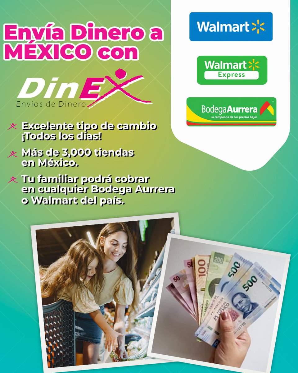 ¡Envía dinero con #Dinex, #BodegaAurrera y #Walmart! Tus familiares en México pueden cobrar fácilmente su #Remesa 💵💰💰

Conoce todos los servicios y coberturas que Dinex tiene para ti en ↗️ dinexenvios.com

#REMESAS #enviodedinero #enviadinero #dolar #latinoamérica