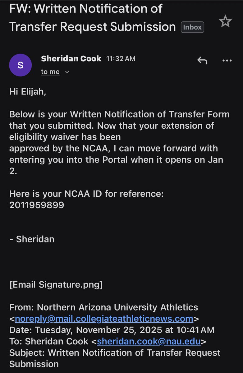 Thank you lord for every blessing and opportunity that you gave me. I have been approved for another year of eligibility. I will be Entering the Transfer Portal for my final year of eligibility🚨Thank you to everyone that helped me get to where I am today. Always a Lumberjack❤️
