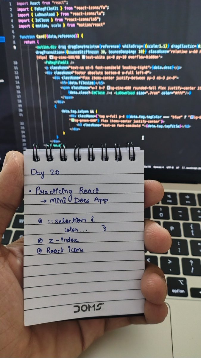 ManojCodes's tweet image. Day 20 of my React journey
Built a small Mini Docs App today to stay consistent while I finalize my next big project.

Practiced:
• Framer Motion animation
• React Icons
• CSS (::selection, z-index, color tweaks)

Mini projects = sharper logic + stronger UI skills. ⚛️

#React