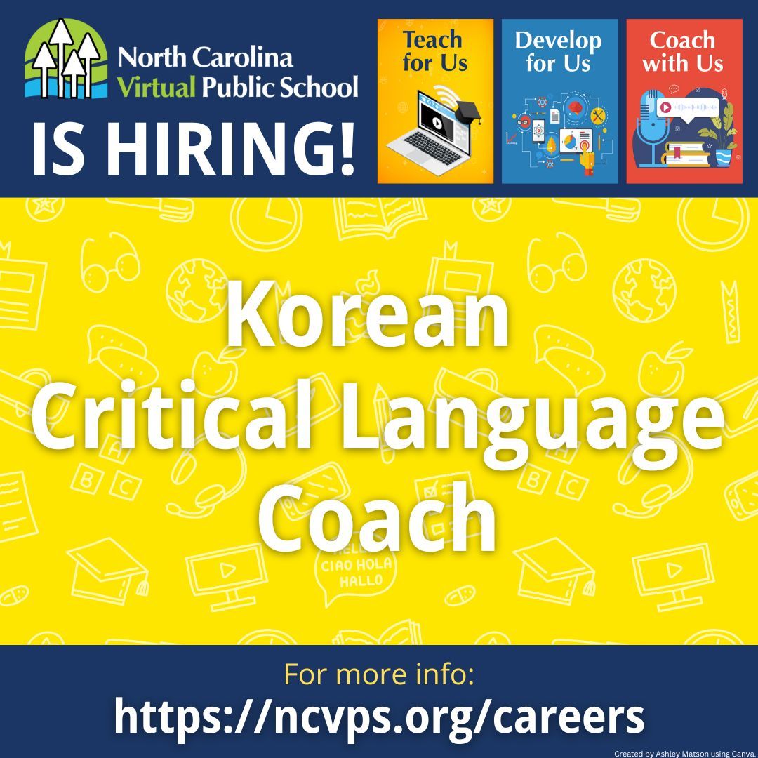 ncvps's tweet image. 🚀 NCVPS is hiring! We&apos;re seeking a Korean Critical Language Coach. Teaching license helpful but not required. Daytime synchronous availability is a must.
Apply now: ncvps.org/careers