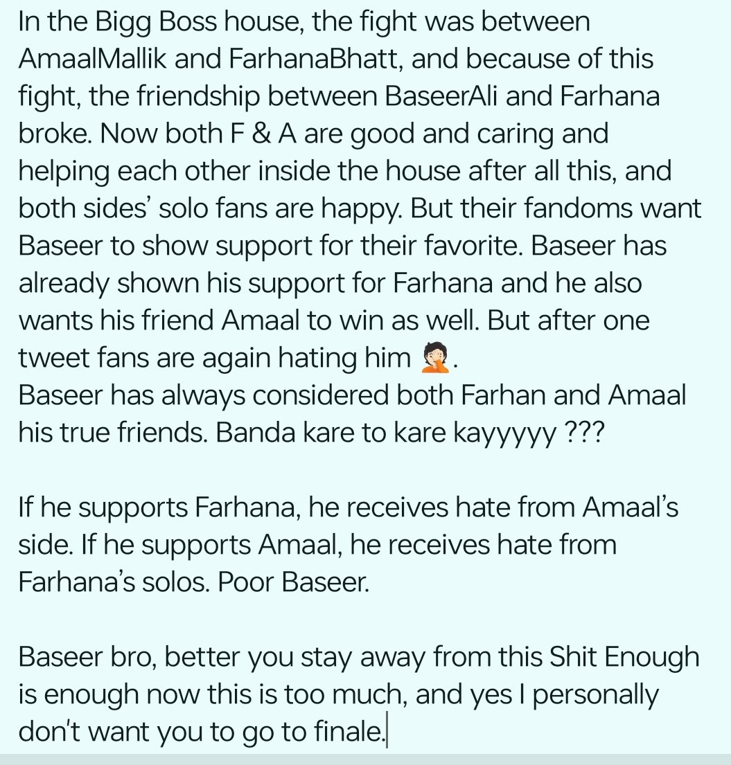 Novamike11's tweet photo. Leave him alone, you clowns! Let him do what he wants. He has every right to show support for his friends because it Amaal or Farhana.
#BaseerAil #farhannabhatt #Bahana #BB19 #BiggBoss19 https://t.co/p50yeVle9O