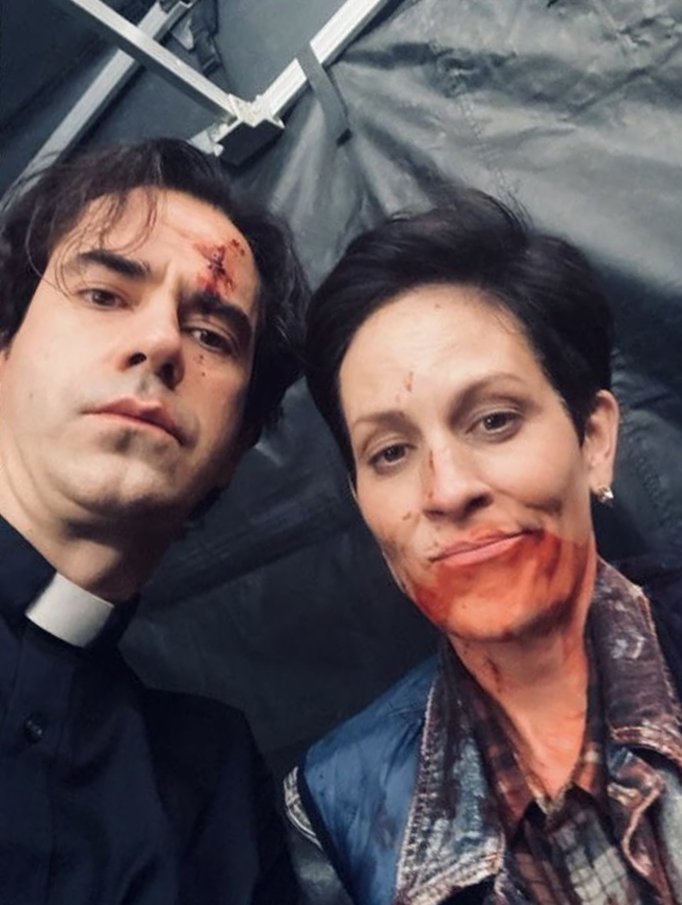 Zach Gilford, Hamish Linklater, and Annabeth Gish behind the scenes of Mike Flanagan’s MIDNIGHT MASS (2021)